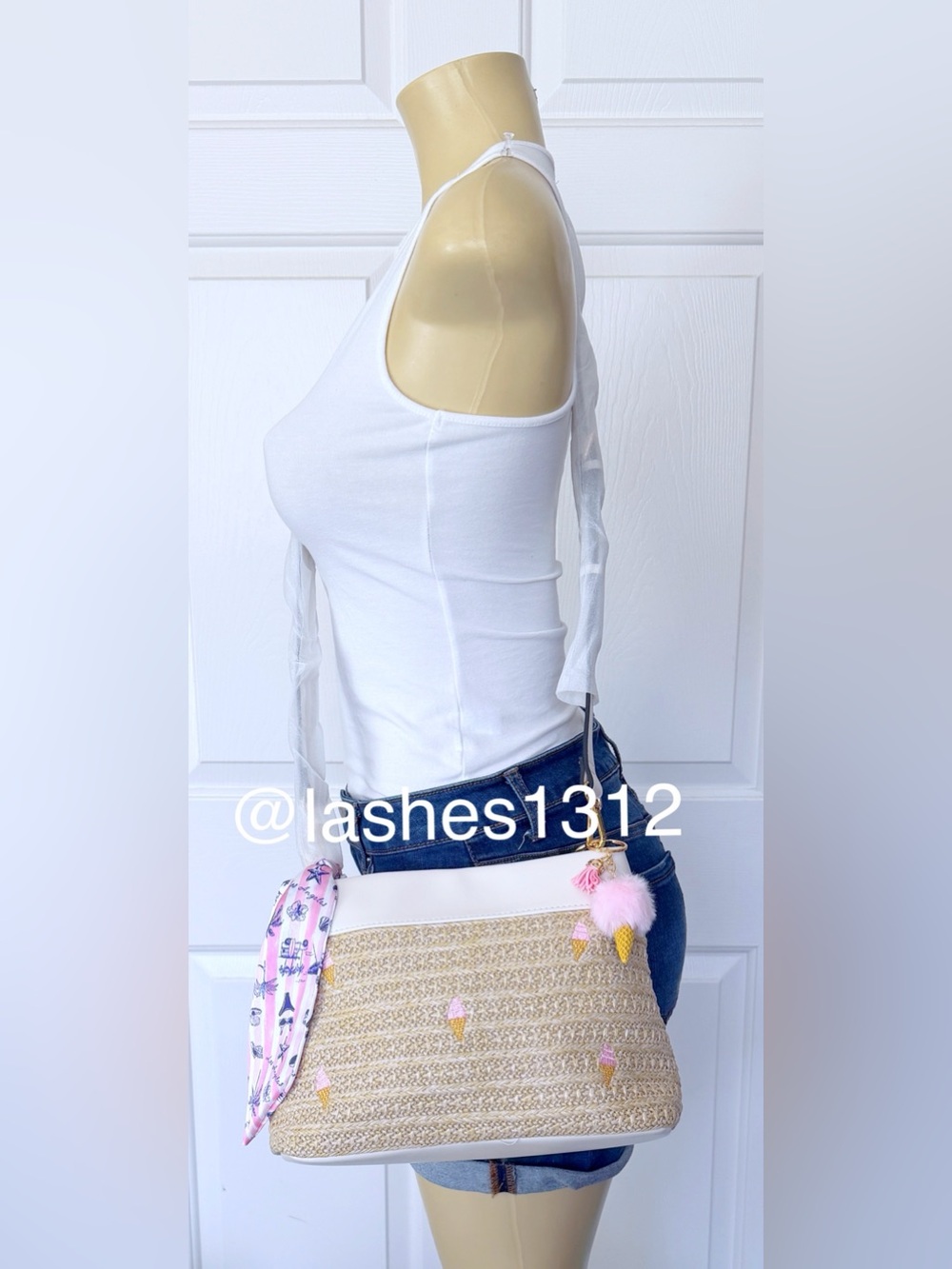 BCBGeneration Straw Crossbody Satchel with Ice Cream Cones and Scarf - Picture 8 of 8